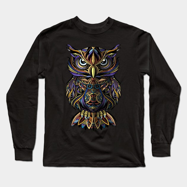 Owl mandala tribal art Long Sleeve T-Shirt by Pixel Poetry